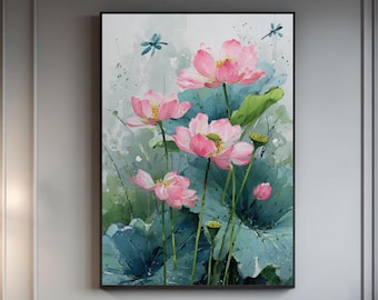 Lotus & Dragonfly Print: Chinese Watercolor Style Wall Art