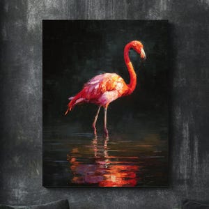 Colorful Flamingo Oil Painting – Vibrant Full-Body Bird Standing on Water with Dark Background | Poster, Canvas, or Framed Wall Art