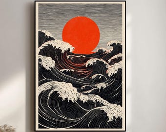 波と赤い太陽の日本画 木製フレーム付き Bold Japanese Woodblock Print, Red Sun and Black Waves, Ukiyo-e