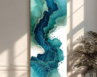 Stampa artistica ad acquerello blu turchese: tela astratta minimalista con soggetto costiero.