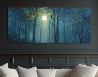 May include: A large rectangular canvas art piece depicting a moonlit forest scene. The painting features tall trees, a bright moon, and a misty, blue and green color palette. A light-colored sofa with several pillows sits below the artwork.