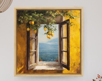 Arte de janela toscana com limoeiro, tela amarela vibrante com paisagem marítima italiana, pintura de vista mediterrânea, presente para decoração de cozinha costeira.