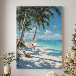 以下が含まれることがあります： フレーム付きキャンバスプリントには、ハンモック、ヤシの木、サンタ帽のある熱帯のビーチシーンが描かれています。 飾られたクリスマスツリーと包装されたギフトが前景にあり、ホリデーテーマを作成します。 アートワークは青い空とターコイズブルーの水を特徴としています。