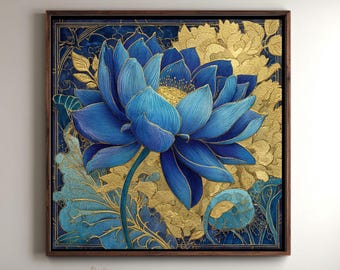 Blue Lotus Flower Gold Leaf Canvas Print | Japanese Ukiyo-e Style Art | Elegant Zen Wall Decor | Navy and Gold Print