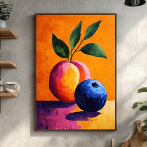 Matisse Style Fruit Still Life: Peach & Blueberry Painting, Bold Orange Art