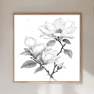 Weiße Magnolie Botanische Wandkunst - Ganzseitige Blumenzeichnung mit Blättern | Georgia O'Keeffe Style Leinwand, Poster oder gerahmter Druck