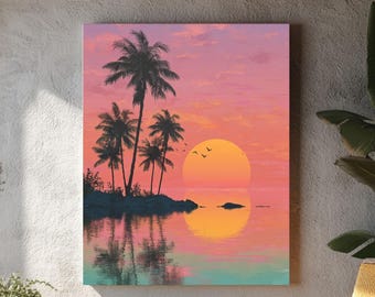 Tropical Sunset Beach Canvas Art: Palm Tree Island Print