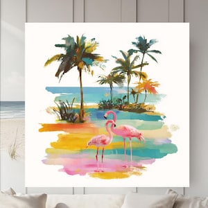 Tropical Flamingo Watercolor Art – Palm Trees, Beach & Bright Summer Colors | Cute Pink Birds Canvas, Poster, or Framed Wall Decor