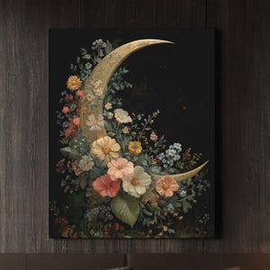 Crescent Moon Floral Wandkunst - Vintage Cottagecore ästhetischer Druck, Lunar Wall Art Poster, Dark Botanical Night Poster für Raumdekor