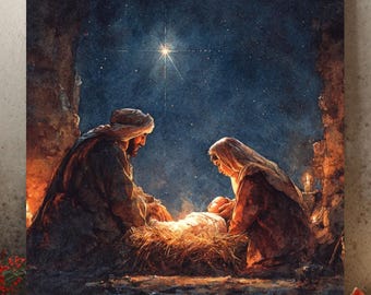 May include: A framed print depicting the Nativity scene, with Mary and Joseph gazing at baby Jesus in a manger. The artwork is set against a starry night sky, with a bright star overhead. The scene is illuminated by warm, golden light. Presents and candles are in the foreground.