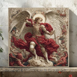 Puede incluir: Una obra de arte enmarcada representa una figura alada con una espada, vestida con una armadura roja y dorada. La obra presenta un halo y figuras en el fondo. La imagen se muestra sobre un banco de madera rústico.