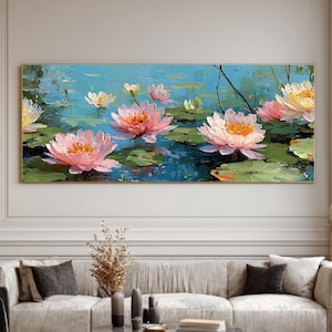 Vintage Lotus Pond Oil Painting: Serene Floral Canvas Wall Art