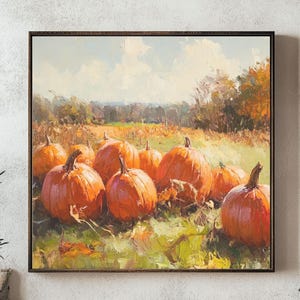 Kürbisfeld Vintage Wandkunst - Rustikale Herbst Landschaft, Cottagecore Herbst Dekor, Ernte Bauernhof Szene Leinwand für ein gemütliches Zuhause