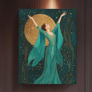 Moon Goddess Art Print – Art Nouveau Celestial Woman, Vintage Mystical Wall Decor, Divine Feminine Luna Poster, Fantasy Framed Wall Art