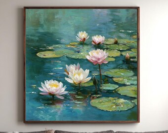 May include: A large framed painting of water lilies in a pond. The artwork features white and pink flowers with yellow centers, green lily pads, and a blue-green water background. The painting hangs above a dark gray sectional sofa.