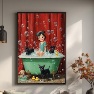 Whimsical Chihuahua Bubble Bath Art Print: Vintage French Ghibli Style