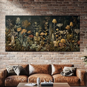 Vintage Wildflower Tapestry Art: Dark Botanical Framed Canvas Wall Decor