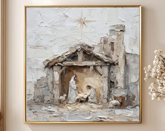 Impasto Nativity Scene Canvas Print, Neutral Beige Christmas Art, Textured White Holy Family Wall Decor, Modern Religious Gift