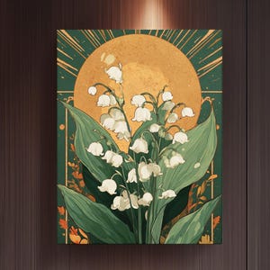 Lily of the Valley Sun Art, Mystical Green Botanical Print, Taurus Zodiac Folk Illustration, Spiritual Boho Wall Decor, Floral Canvas Poster
