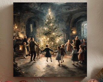 May include: A framed print depicts a festive scene of people dancing around a decorated Christmas tree. The artwork features a warm color palette, with figures in period clothing and soft lighting, evoking a sense of holiday cheer and nostalgia.