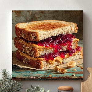 PB&J Sandwich Still Life: Vintage Kitchen Food Art, Realistic Painting