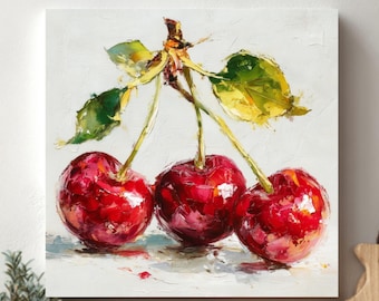 Impasto Cherry Still Life Print: Elegant Kitchen Food Art