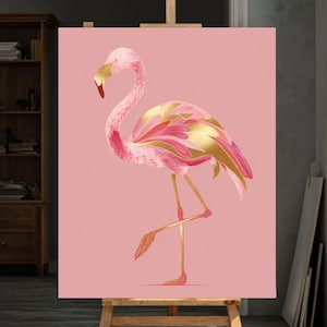 Pink Flamingo Canvas – Gold Foil Bird Illustration on Soft Pink Background, Elegant Wall Art, Modern Framed Poster or Print