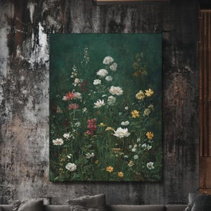 Moody Wildflower Meadow Art – Vintage Floral Oil Painting Print, Dark Green Botanical Wall Decor, Muted Rustic Flowers on Framed Canvas