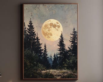 満月の松の木の油絵：夜の森のインパストアート（8x8） - Etsy 日本