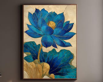 Blue Lotus Flower Canvas Art | Teal & Gold Abstract Asian Floral Print | Modern Zen Spa Decor | Eastern Botanical Wall Art