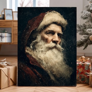 Vintage Santa Claus Canvas – Dark Gritty Oil Painting with Snow & Moody Lighting, Old-World Christmas Art, Framed Holiday Poster