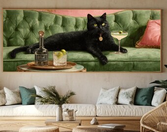 Black Cat Art Print: Retro Feline on Green Sofa with Daiquiri