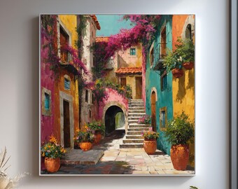 Lienzo con coloridos paisajes de callejones mediterráneos, pintura callejera italiana vibrante, arte floral de buganvillas, decoración de plazas de pueblos toscanos.