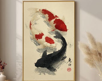 Japansk stil Koi fiskkonst, röd vit svart Yin Yang akvarelltryck