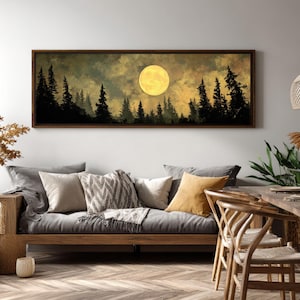 Panoramic Full Moon Forest Canvas, Moody Night Sky Horizontal Wall Art