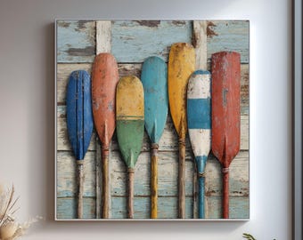 Rustic Colorful Oars Canvas Art, Distressed Nautical Wall Decor, Vintage Boating Paddles Print, Coastal Beach House Sign