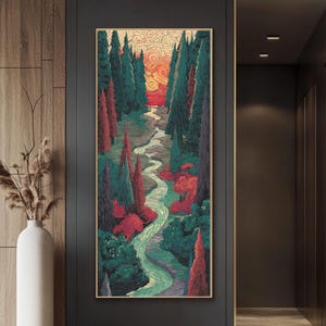 Psychedelic River Forest Art – Surreal Landscape Print, Nature Wall Art, Trippy Sunset Scene with Patterns, Colorful Framed Canvas Decor
