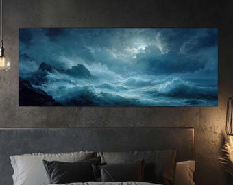 Moody Ocean Oil Painting: Dark Swirling Sea Under Moonlight, Gothic Nautical Wall Art