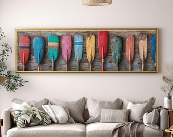 Colorful Rustic Oars Canvas Print, Distressed Nautical Wall Art, Cabin Lake House Decor, Vintage Boat Paddle Panoramic Print