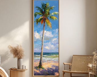Könnte beinhalten: Vertikal gerahmtes Gemälde einer Palme an einem Strand. Das Kunstwerk zeigt einen blauen Himmel mit weißen Wolken, einen Sandstrand und das Meer. Die Palme hat grüne und gelbe Wedel.
