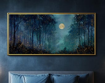 Moonlit Forest Watercolor Print: Mystical Midnight Scene, Stars & Glitter