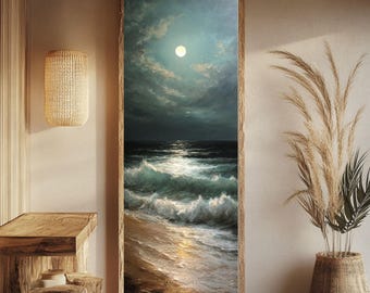 Stormy Ocean Oil Painting: Moonlit Teal Seascape, Coastal Wall Art