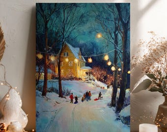 Christmas Night Oil Painting Print | Vintage Winter Village Canvas Wall Art
