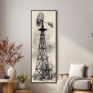 Vintage Windmill Pencil Sketch Canvas Print | Industrial Farmhouse Rustic Decor | Long Vertical Rural Architecture Art