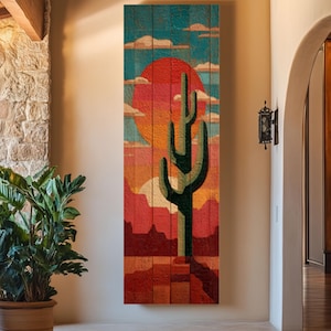 Rustic Western Cactus Canvas – Stylized Sunset Desert Art on Wooden Wall Background – Framed or Unframed Country Wall Decor