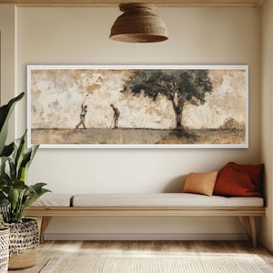 Vintage Golf Painting – Two Men Playing with Tree Background in Beige & Grey Tones | Poster, Canvas, or Framed Classic Sports Art