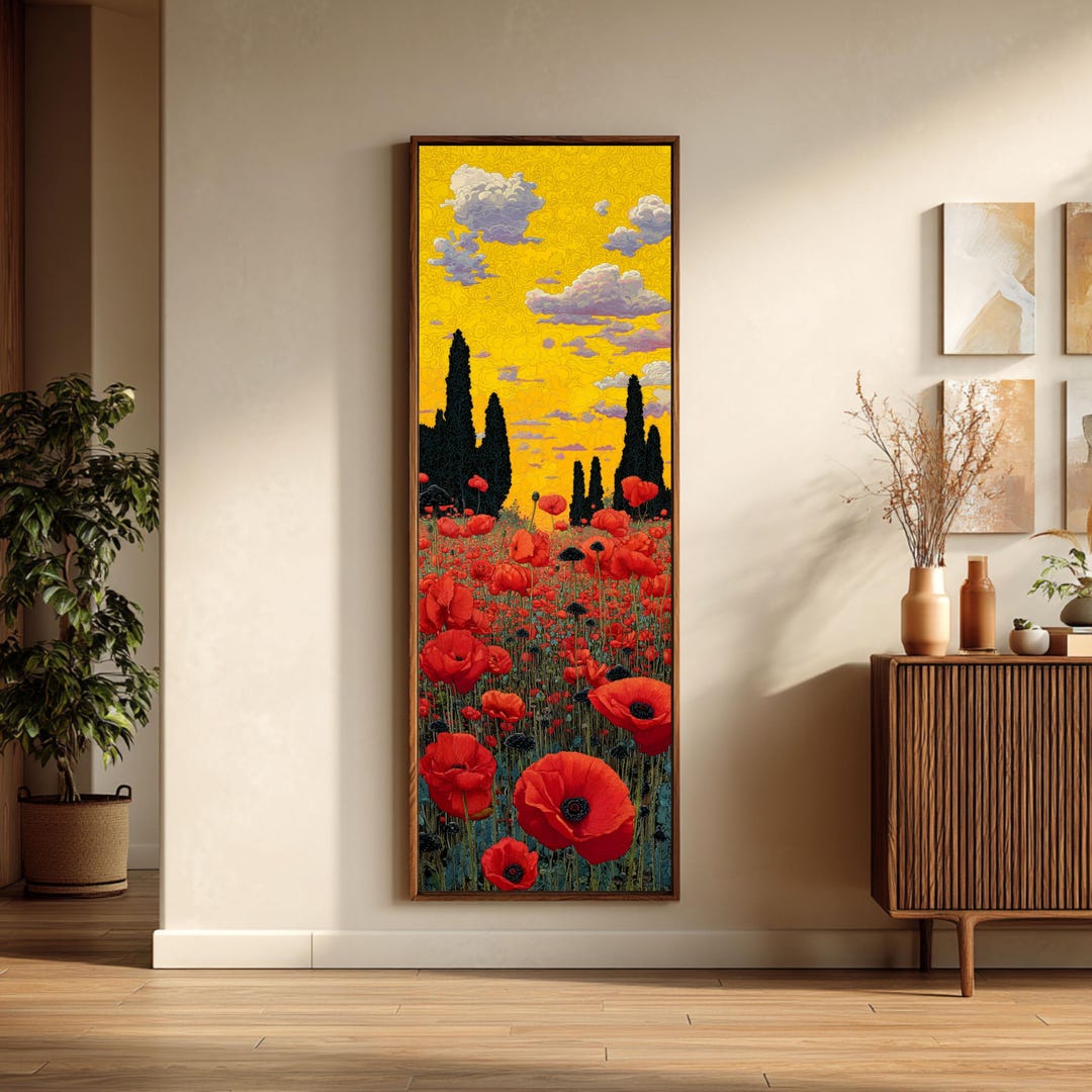 Maxfield Parrish Style Poppy Field Canvas, Vertical Red Flower Art ...