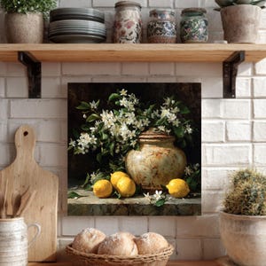 Lemon & White Flower Still Life Art Print: Vintage Kitchen Wall Decor