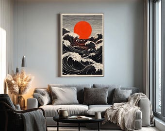 Bold Japanese Woodblock Print, Red Sun and Black Waves, Ukiyo-e