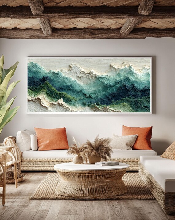 Green Mountain Abstract Painting: Textured Aerial Landscape, Beige Background - Canvas or Framed Art